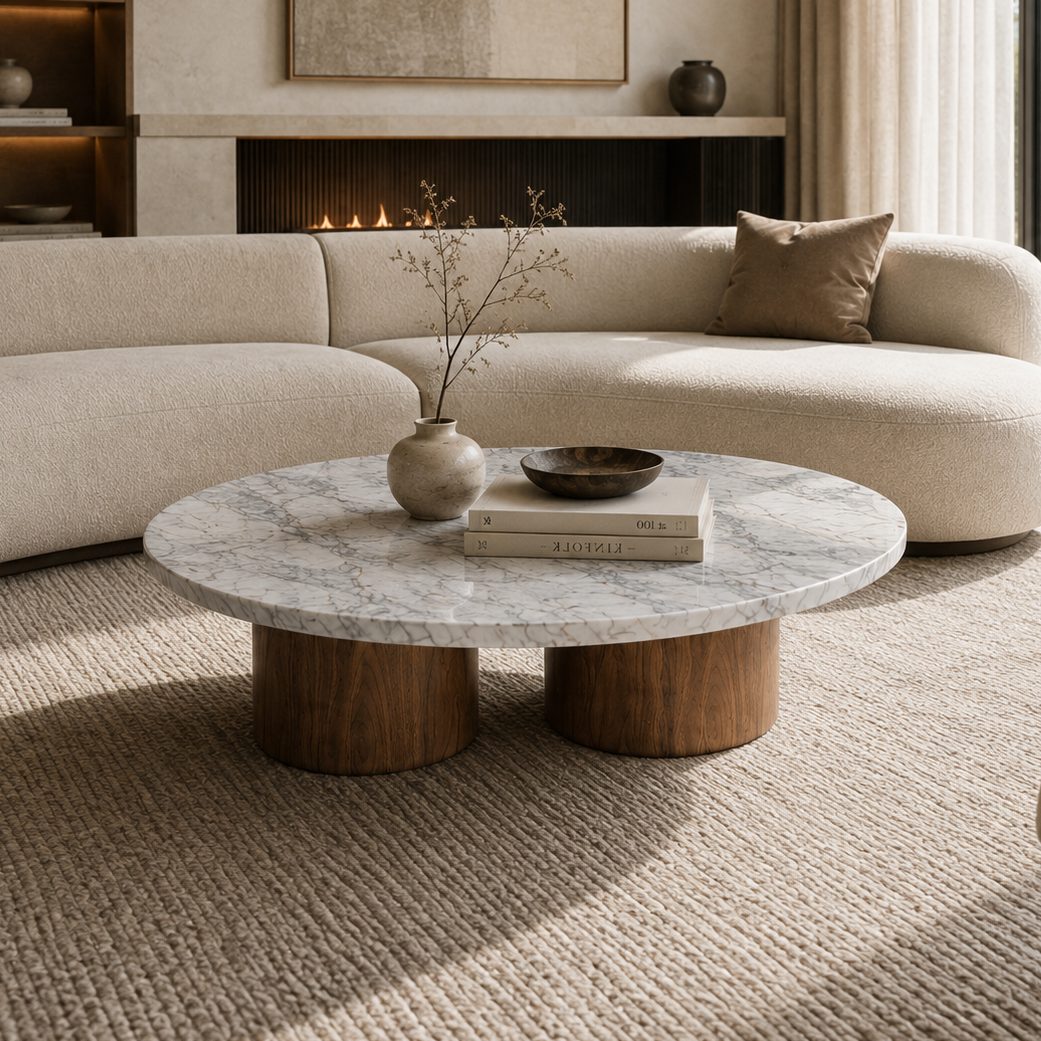 Hensley Round Marble & Wood Coffee Table